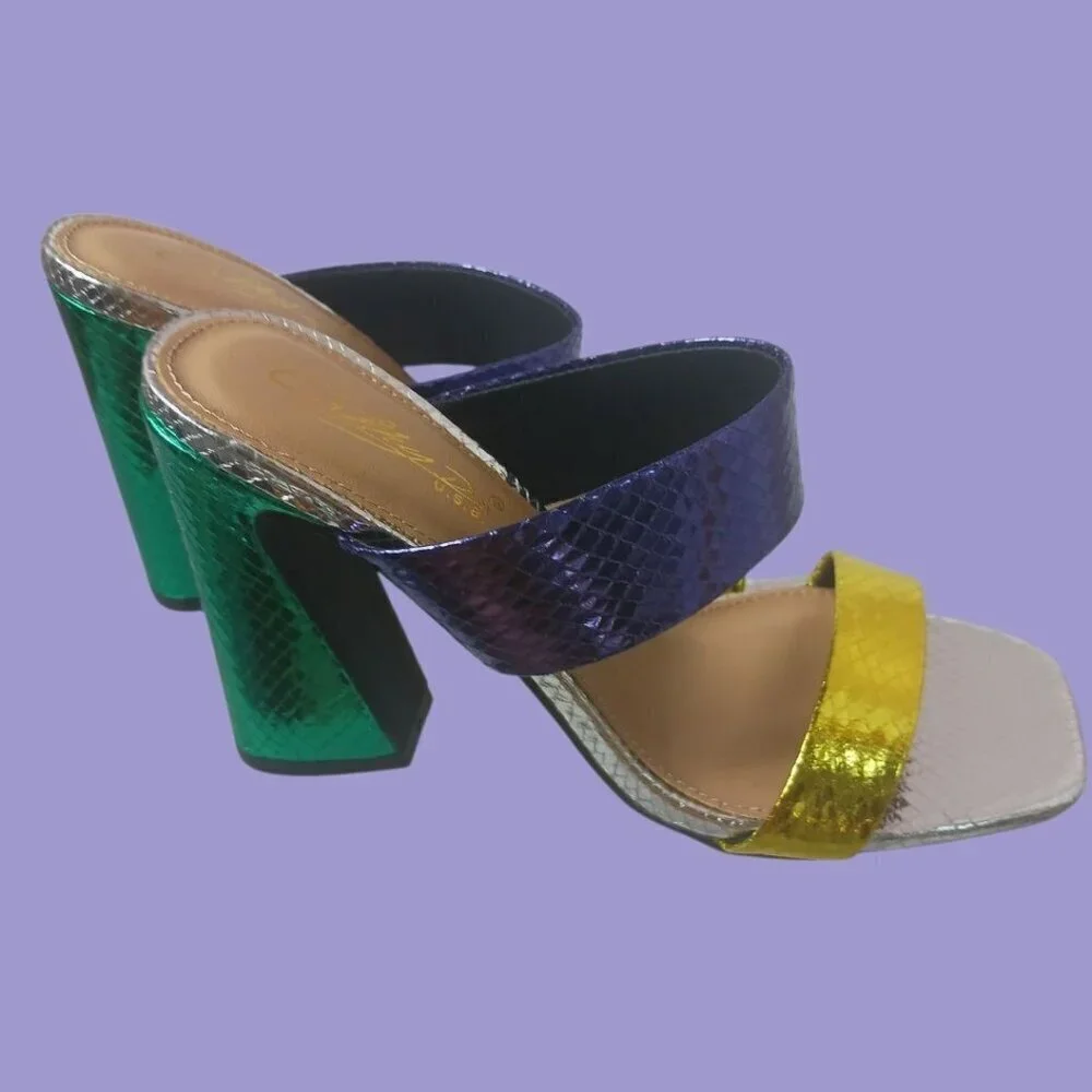 Cathy Din Faux Snake Skin Print Sandals Womens Metallics Purple Gold  Sz 6.5